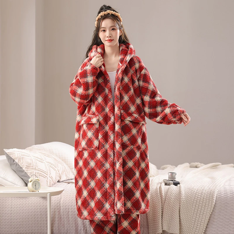 冬季中长款睡袍加厚保暖套装胖mm卡通连帽家居服长袖长裤印花睡衣