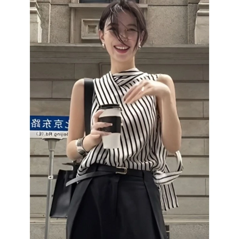 法式轻奢高级感无袖条纹衬衫女夏季新款小众气质飘带宽松显瘦上衣