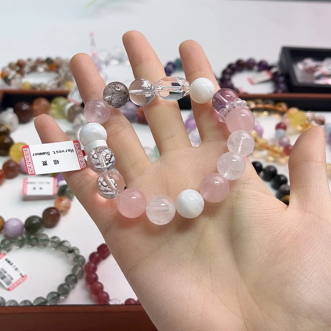 水晶未镶嵌手链白水晶加粉水晶手串