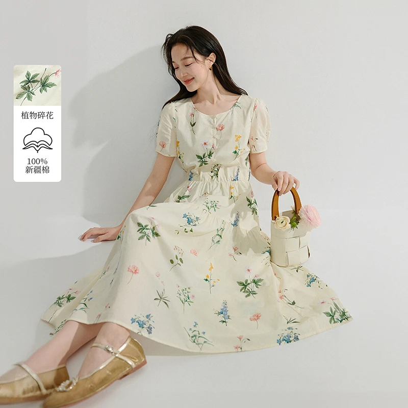 【流光风穿搭】茵曼夏季甜美植物碎花纯棉连衣裙温柔度假宽松长裙