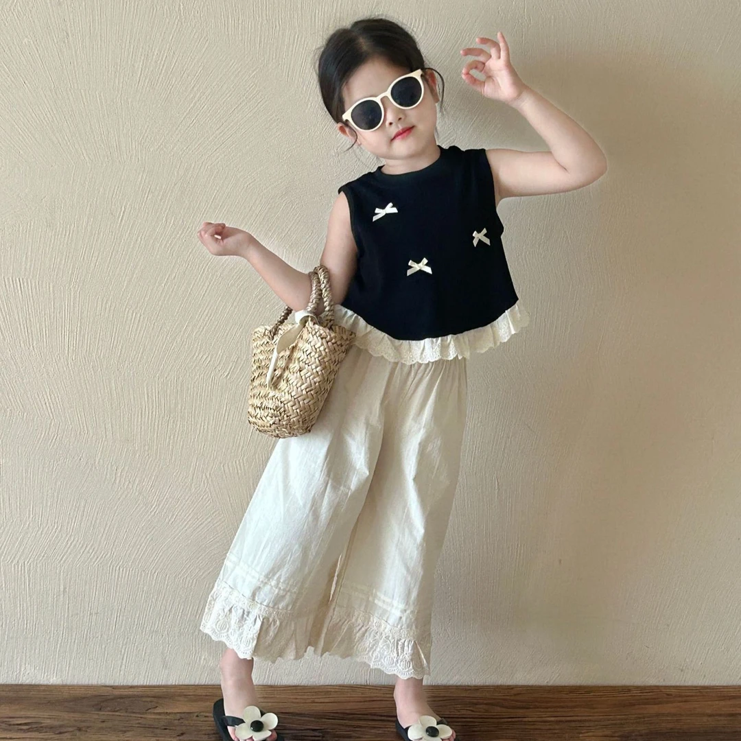 女童九分裤夏季新款中小童韩版宽松裙子直筒裤儿童甜美花边休闲裤