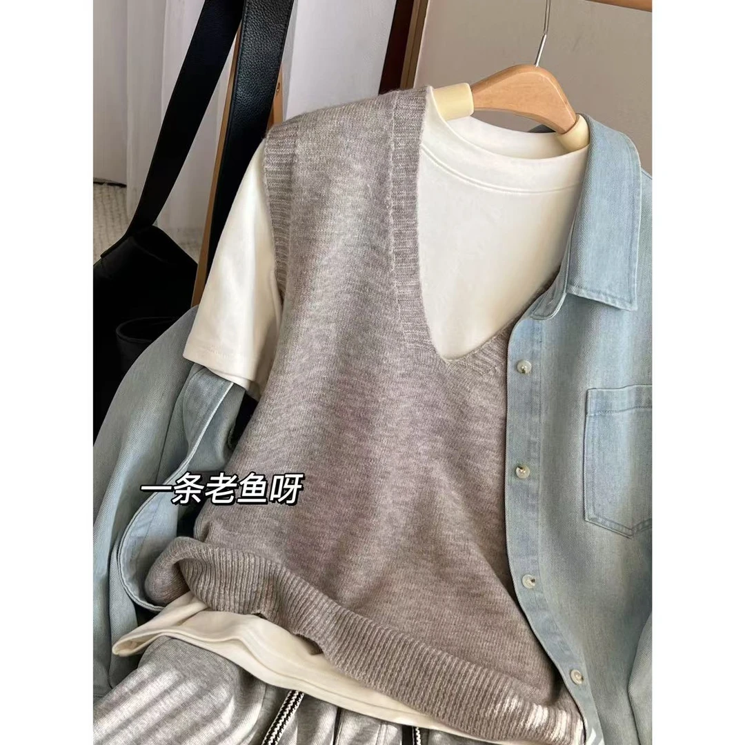 R 韩版V领毛衣背心女 春季新款百搭 春游出行衣服