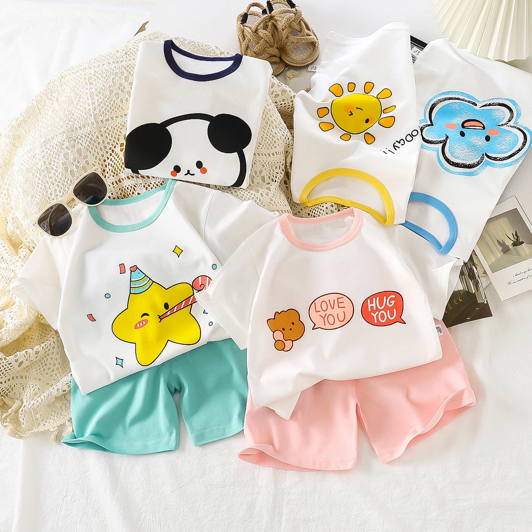 宝宝可爱印花纯棉T恤短袖短裤套装男孩女孩儿童运动休闲夏季薄款D