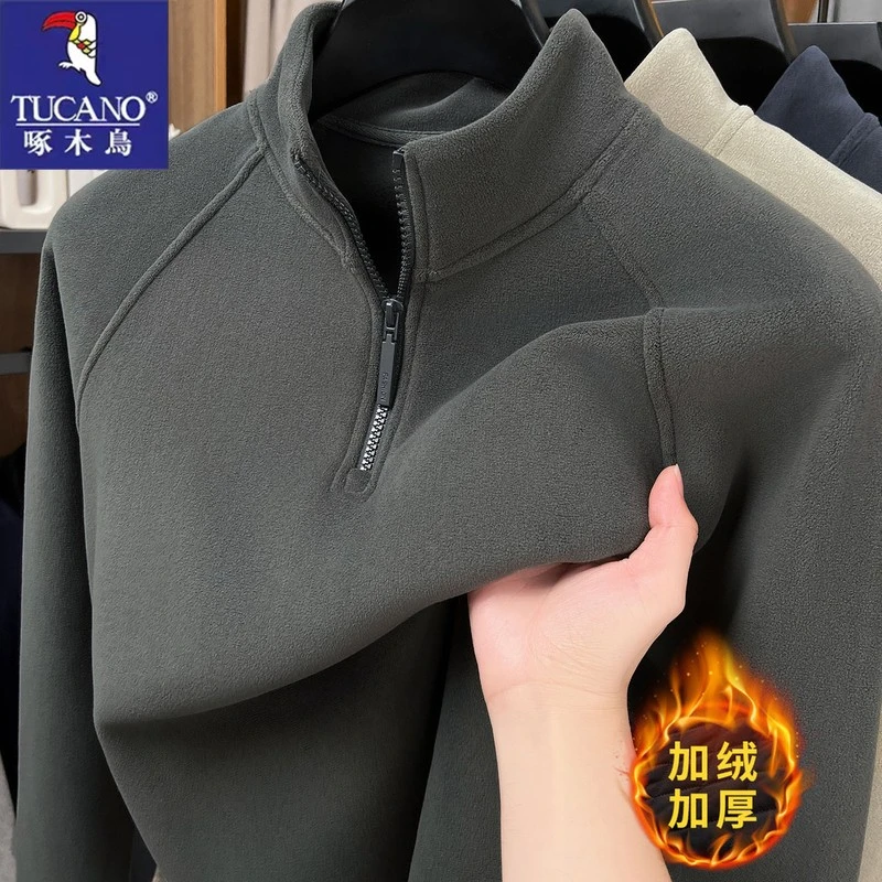 啄木鸟卫衣长袖男士加绒加厚半高领拉链秋冬季2025新款中年上衣