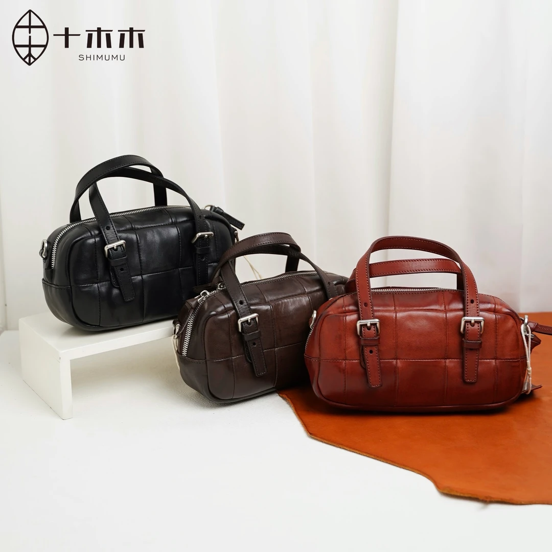 十木木重工水洗植鞣牛皮拼接保龄球波士顿斜挎包女简约休闲手提包