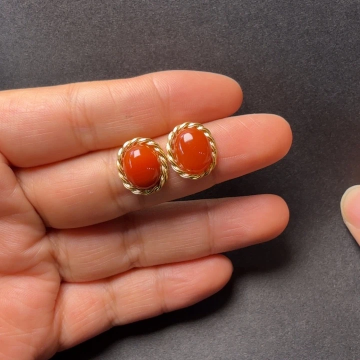 南红玛瑙银S925镀金镶嵌耳饰