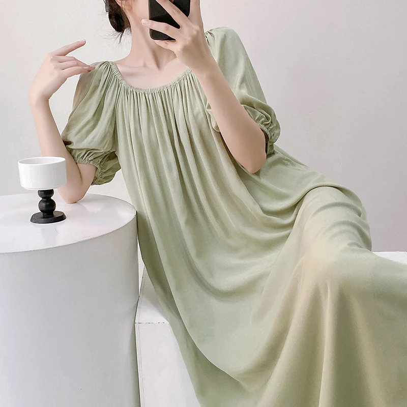 一字领棉绸睡裙夏季薄款凉快可外穿人造棉连衣裙纯色大码长裙睡衣