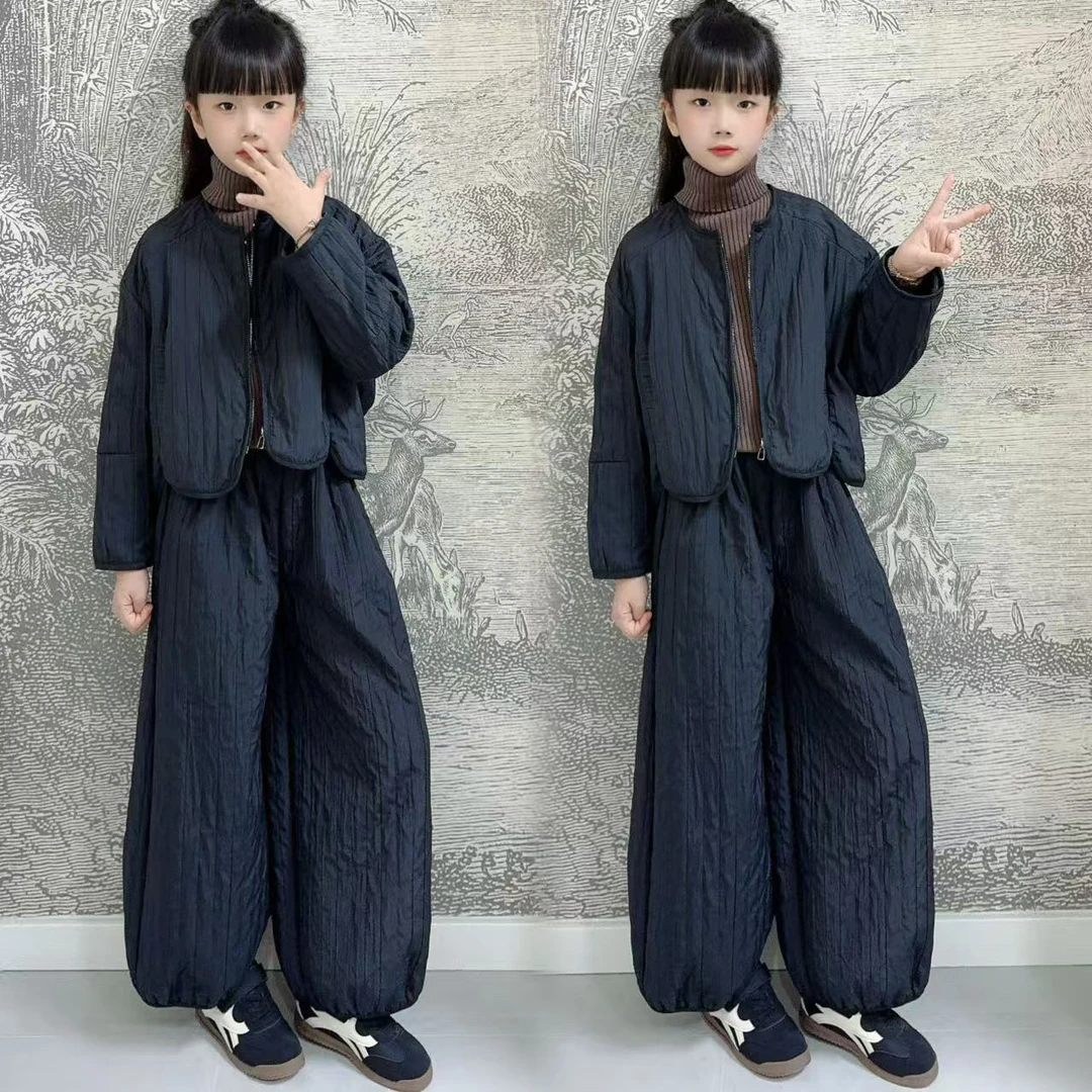 女童冬季套装2025年新款儿童棉服外套加绒阔腿裤时尚秋冬装两件套