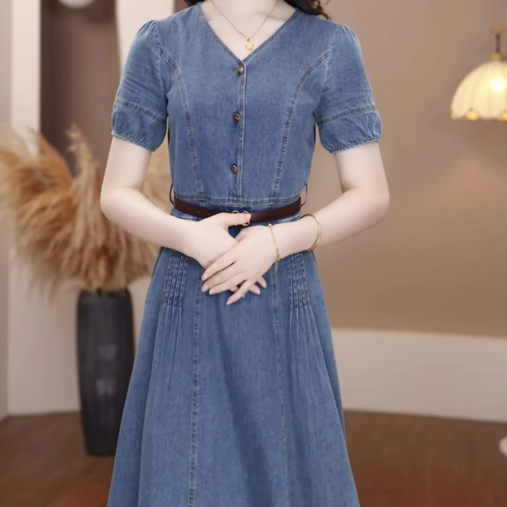 【新款-288】夏季牛仔短袖连衣裙优雅气质时尚减龄收腰显瘦