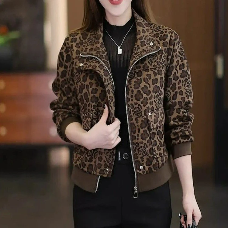 豹纹短外套女秋季2025新款修身时尚洋气立领女士春秋夹克上衣
