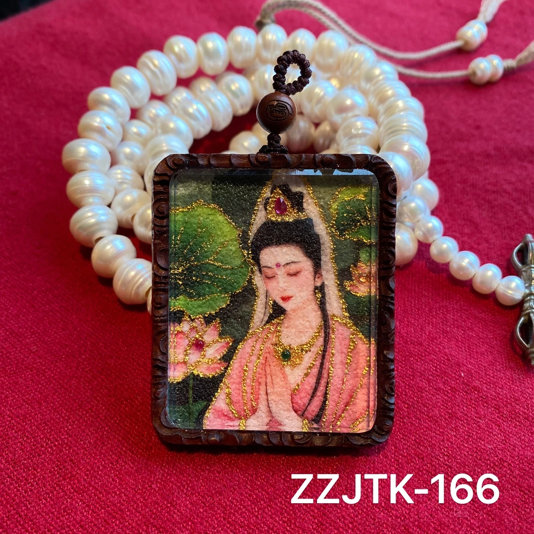 晶仰合金吊坠 ZZJTK-166莲花粉观妈妈木壳手工砂唐卡