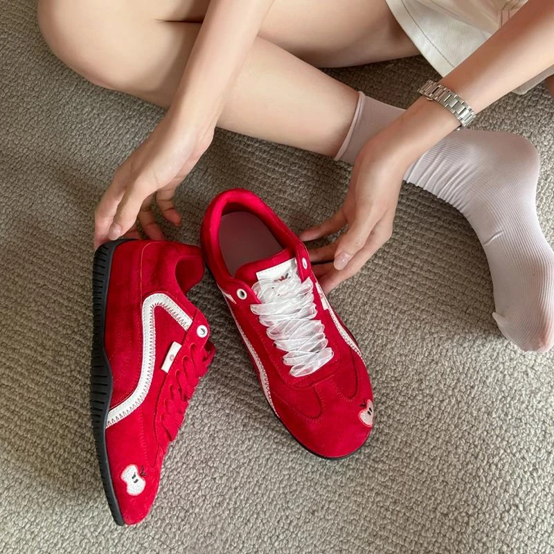 【香港轻奢Sakurano&樱央】苹果鞋真皮红色赛车德训鞋女2025新款网