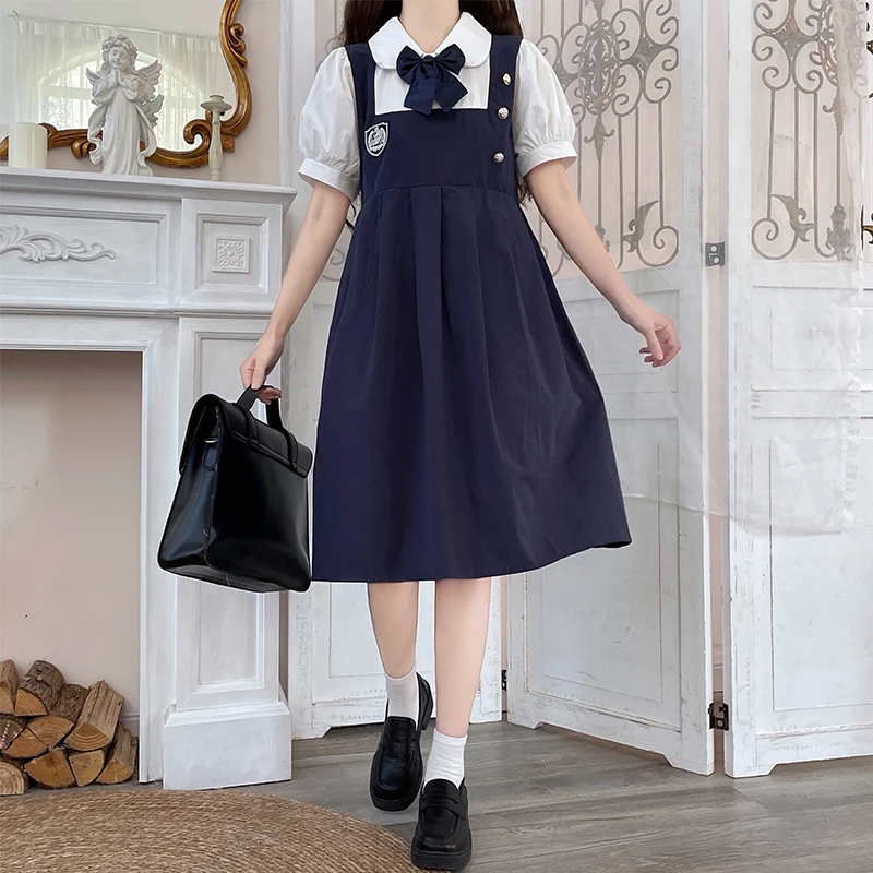 15岁初中生胖大童夏季宽松连衣裙学院风甜美16女孩日系假两件裙子