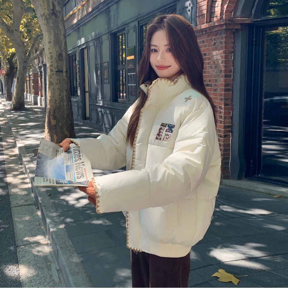 韩版简约保暖防风羽绒棉服上衣女2025冬季刺绣撞色面包服外套