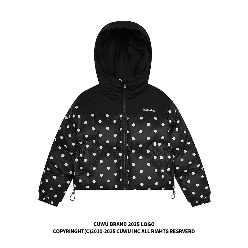 cuwu美式复古波点满印连帽棉服外套女冬季宽松短款加厚保暖面包服
