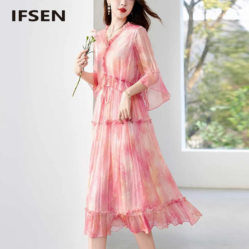IFSEN真丝连衣裙夏2025新款扎染印花温柔风减龄甜美漂亮桑蚕丝裙