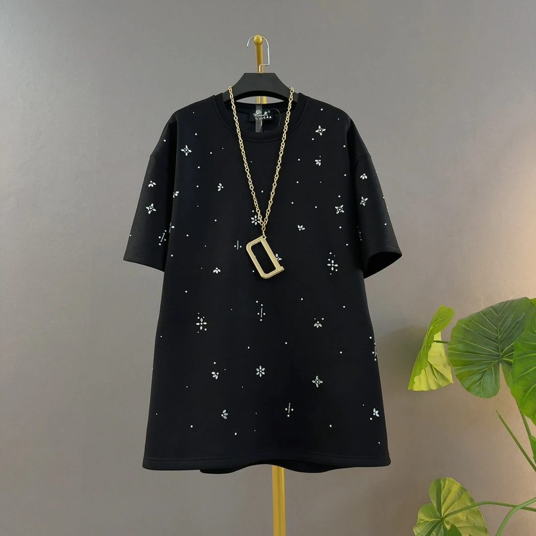 常规几何图案烫钻慵懒风短袖T恤亮片圆领通勤宽松型中长款T恤