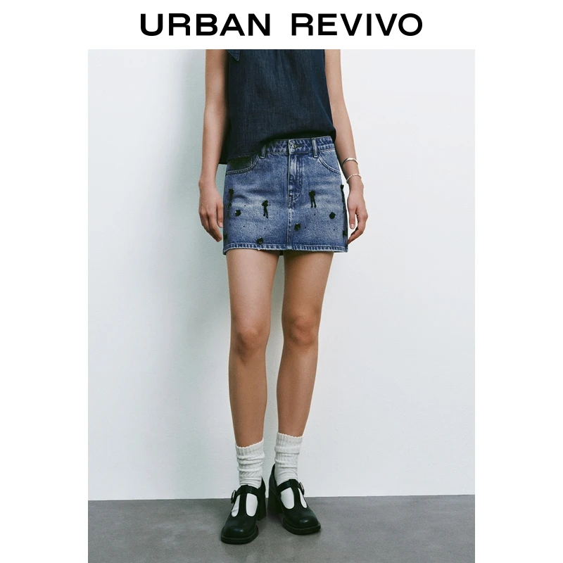 UR2025夏季新款女装时尚复古休闲珠片装饰牛仔半裙UYU850082