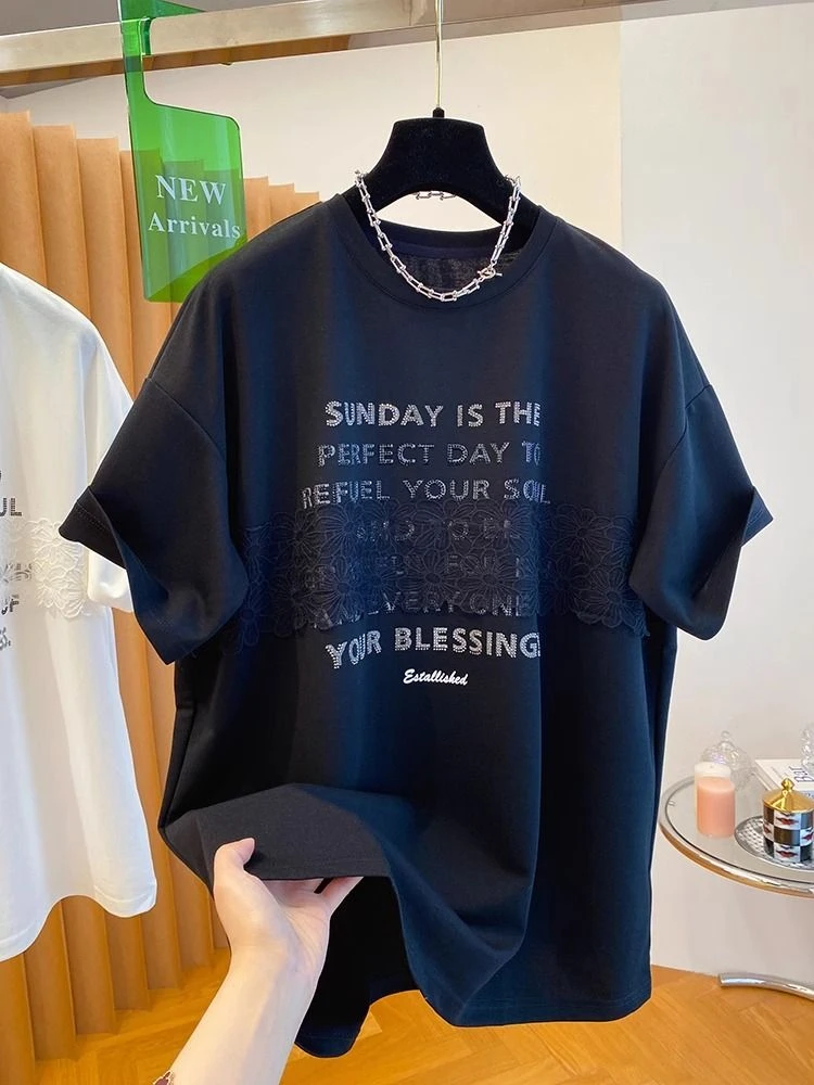 欧洲站高端胖MM大版女装白色蕾丝短袖T恤高级感穿搭大码上衣欧货