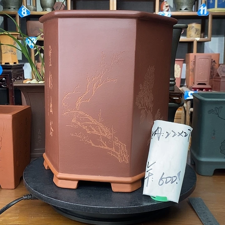 彤***红紫砂花盆精工六方四君子特价