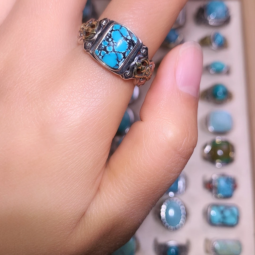 涅***槃绿松石银S925镶嵌戒指