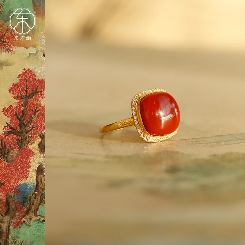 东方俪DOFUNLY【上晚霞】天然南红方形18K金戒指轻奢镶嵌NHJZ云窗