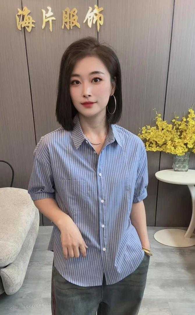 【海片】997女士休闲时尚韩版宽松条纹夏款短袖衬衫显瘦百搭