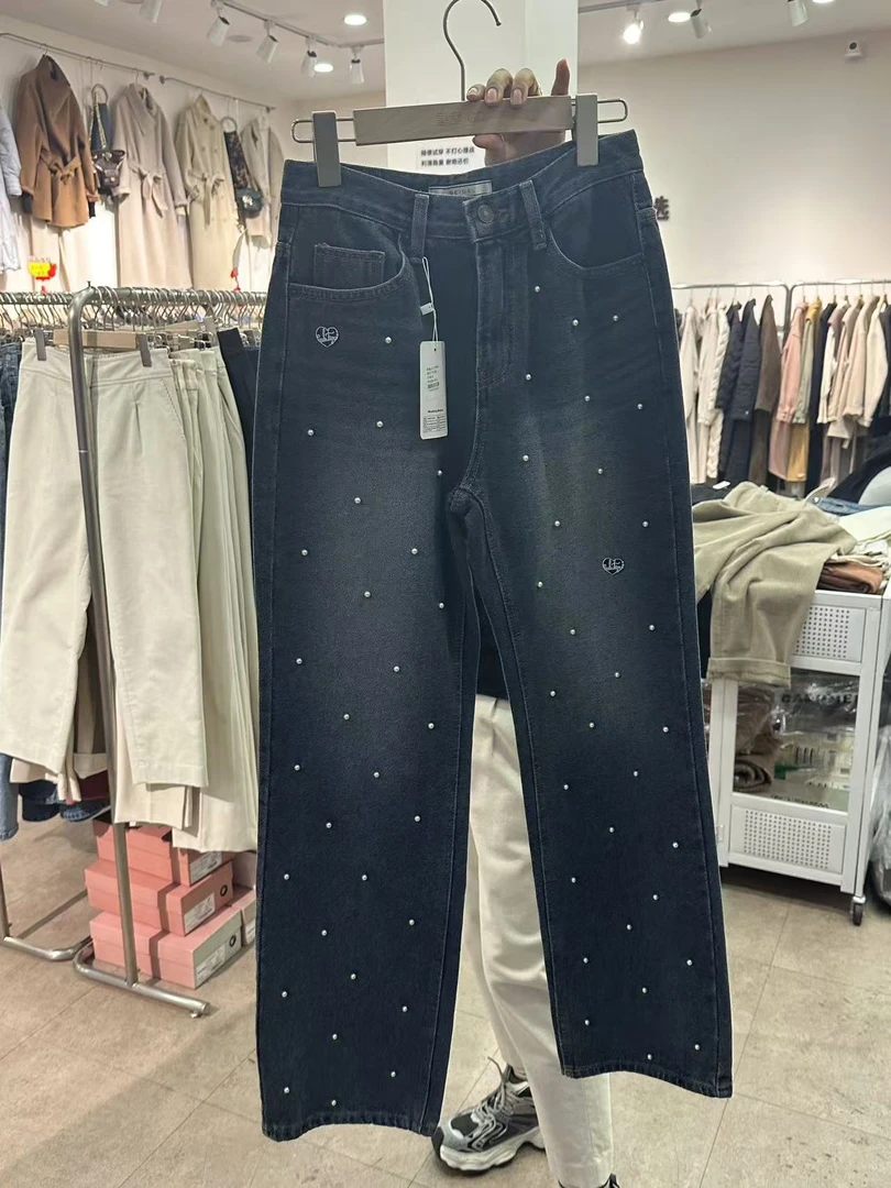 韩国设计师款珍珠牛仔裤