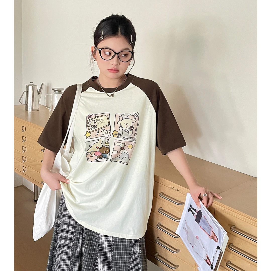 BUMENYLEE春夏新款洋气撞色拼接短袖t恤大码胖mm宽松遮肉休闲上衣