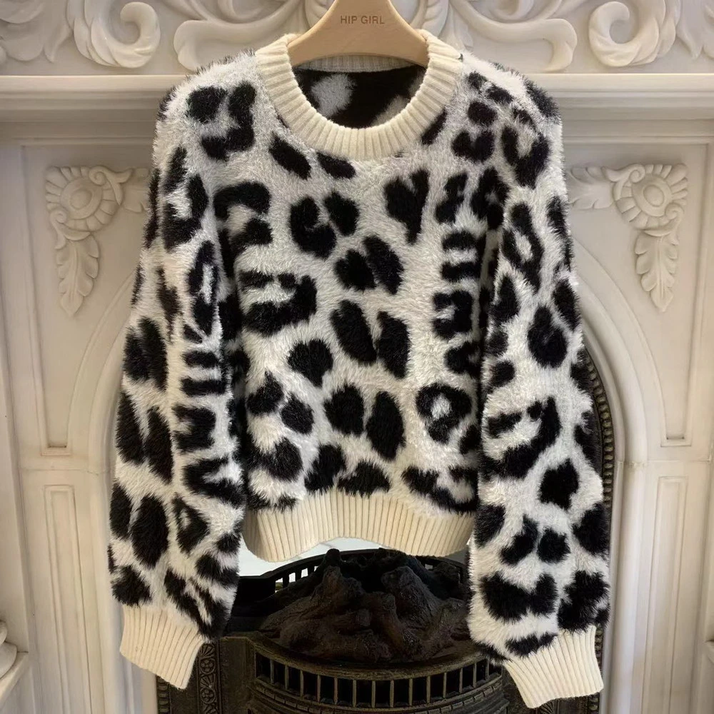 【20228609豹纹白色水刁款】毛线衫女秋冬新款外搭慵懒风毛衣外套