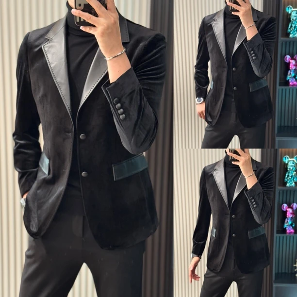 小雨男装｜25秋冬新品｜8101欧货定制丝绒拼羊皮轻奢西装J