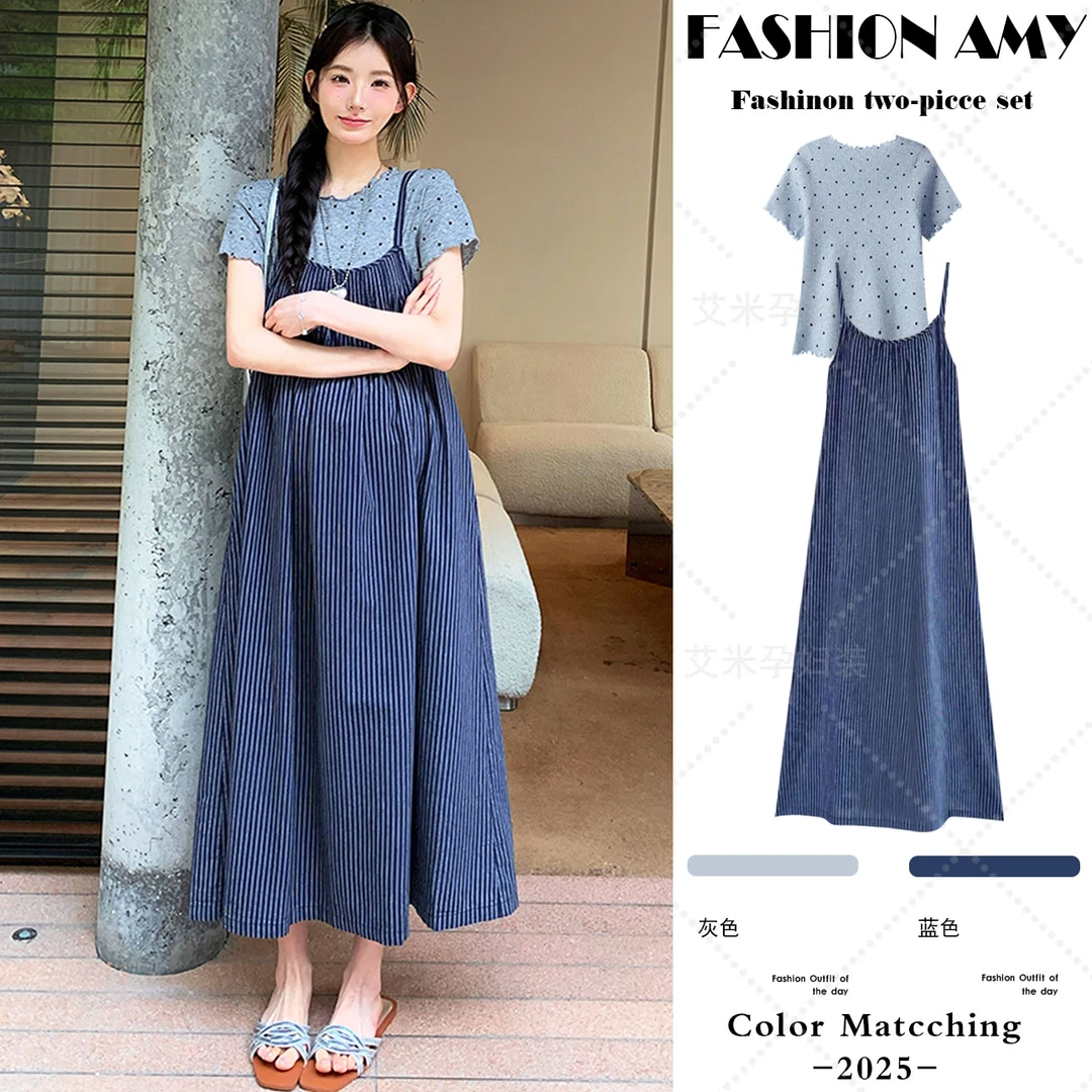 孕妇套装夏装新款时尚韩版显瘦木耳边波点短袖T恤休闲条纹吊带裙1