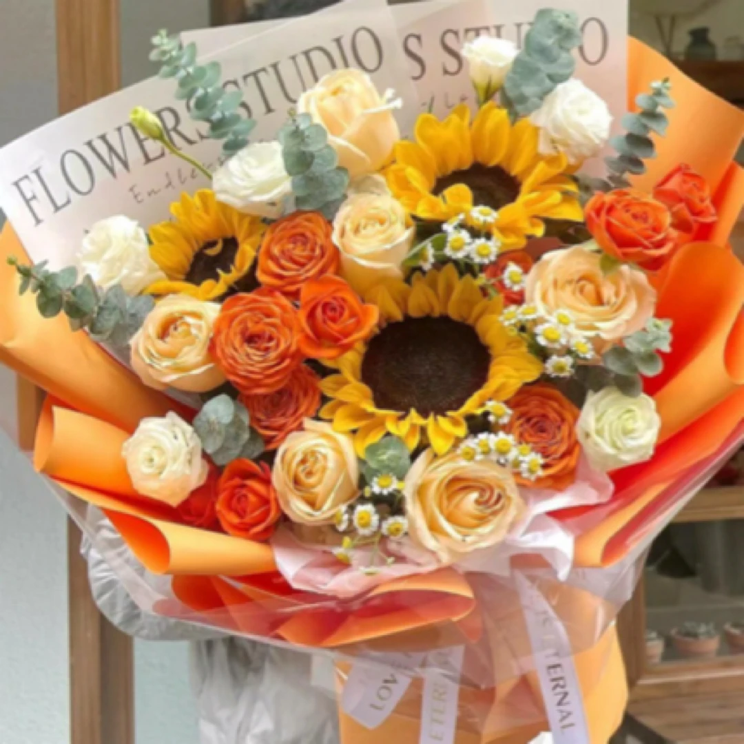 【温柔岁月】香槟玫瑰向日葵鲜花