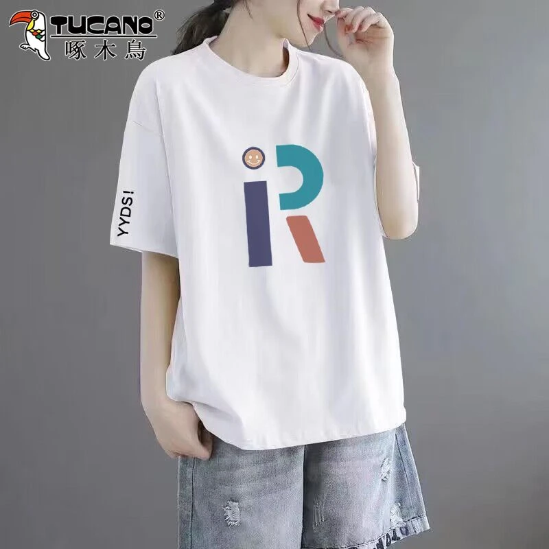 啄木鸟2025新款休闲宽松半袖薄款t恤女时尚正品纯棉印花圆领上衣