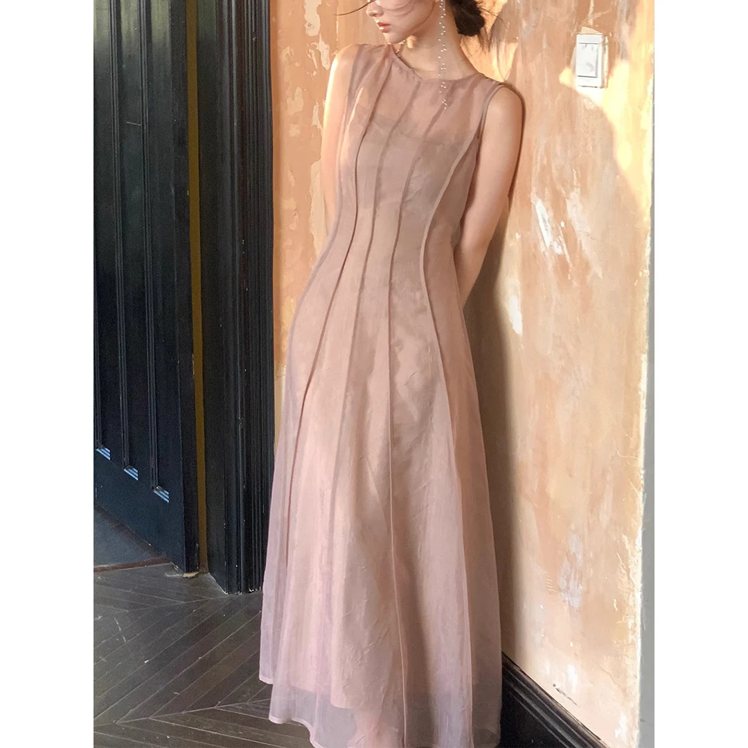 【素胚】纯欲风 褶皱纱连衣裙女高级感修身超仙长裙无袖背心裙子