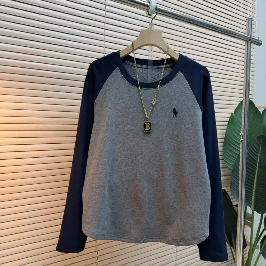 胖mm欧货时尚气质显瘦韩版1084拼接长袖时髦圆领套头宽松上衣