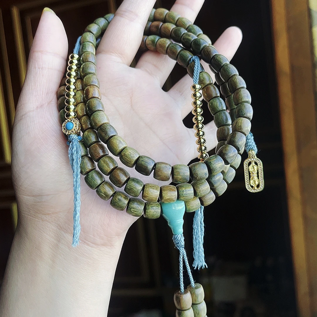 非金属木质手链 绿檀设计款108长款佛珠手工绿色手串串珠