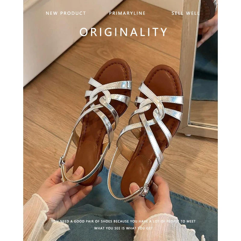 牛皮版~法式复古真皮高跟凉鞋女夏季外穿新款方头镂空粗跟罗马鞋