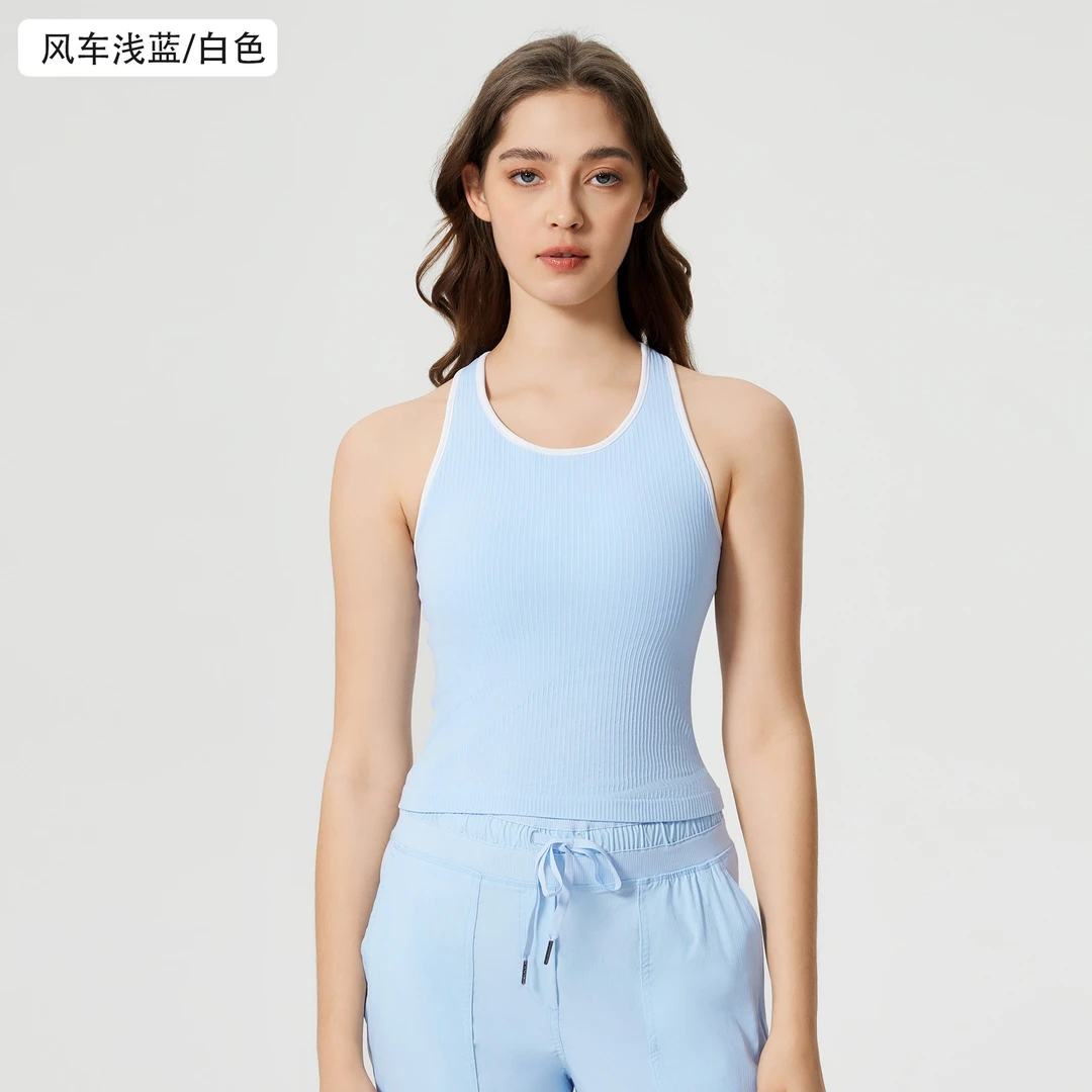 D25029 无缝一体撞色运动瑜伽服背心含胸垫无袖跑步健身上衣