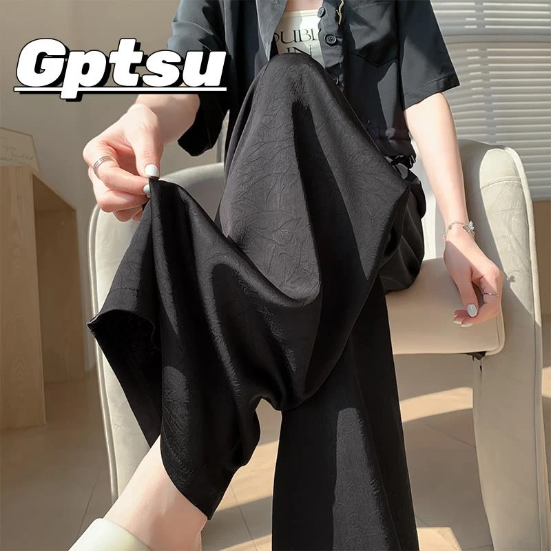 GPTSu黑色醋酸缎面裤子女夏季薄款冰丝阔腿裤高腰宽松垂感休闲裤