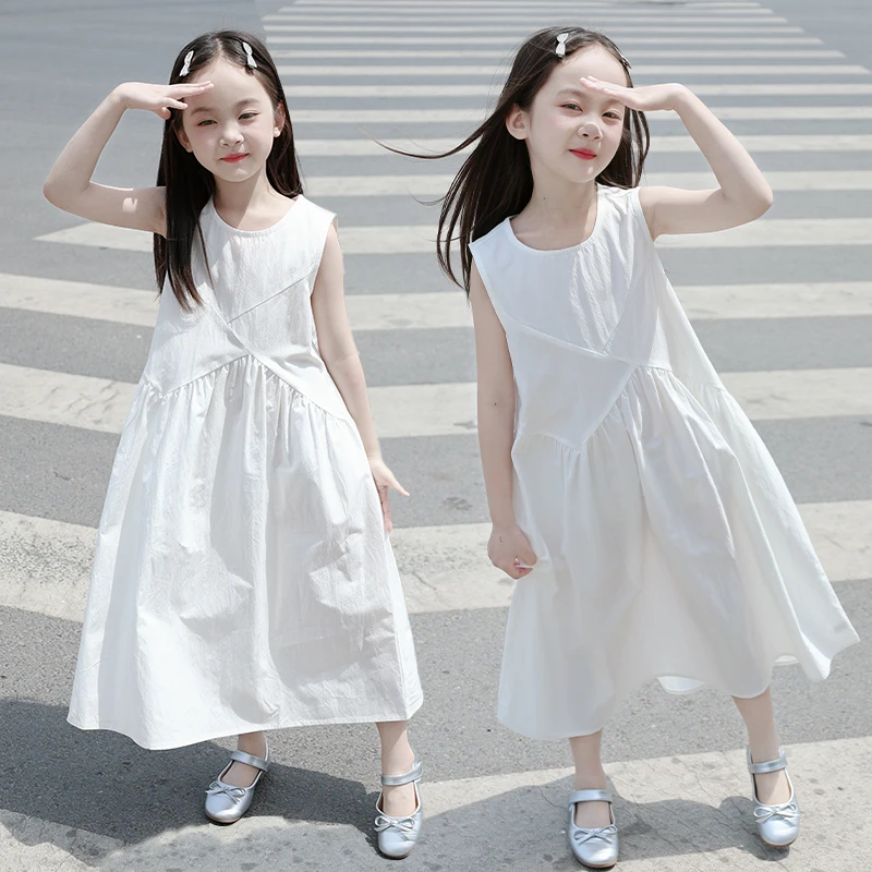 纯棉女童薄款夏装背心裙宽松连衣裙白色中大童甜美无袖棉布裙韩版