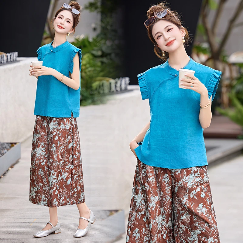 新中式国风复古盘扣套装女2025年夏季新款飞飞袖印花阔腿裤两件套