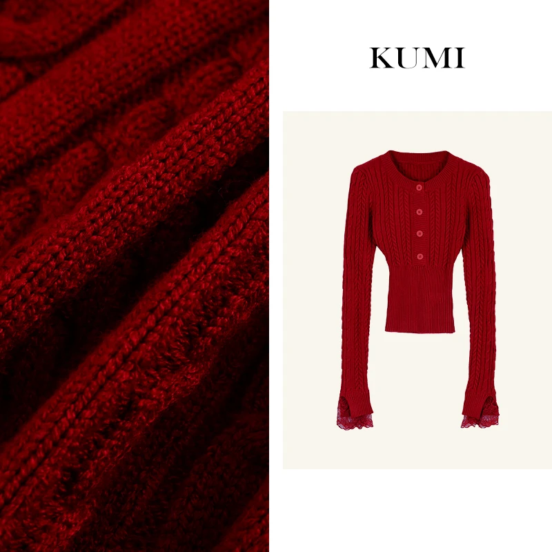 【二姐严选】红色收腰显瘦绞花毛衣女修身内搭针织打底上衣春秋季