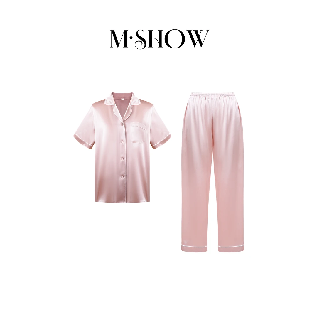 【墨秀丝绸】100%桑蚕丝22姆米素绉缎女士真丝睡衣套装572S