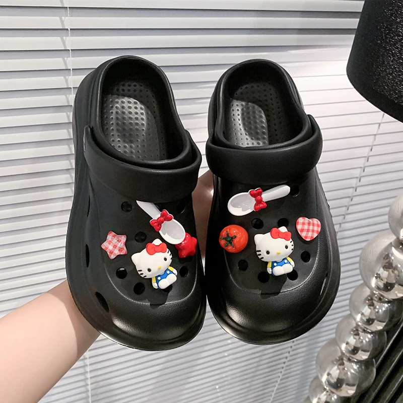 来两双 可爱卡通kt洞洞鞋女2025夏季外穿厚底增高沙滩海边凉拖鞋