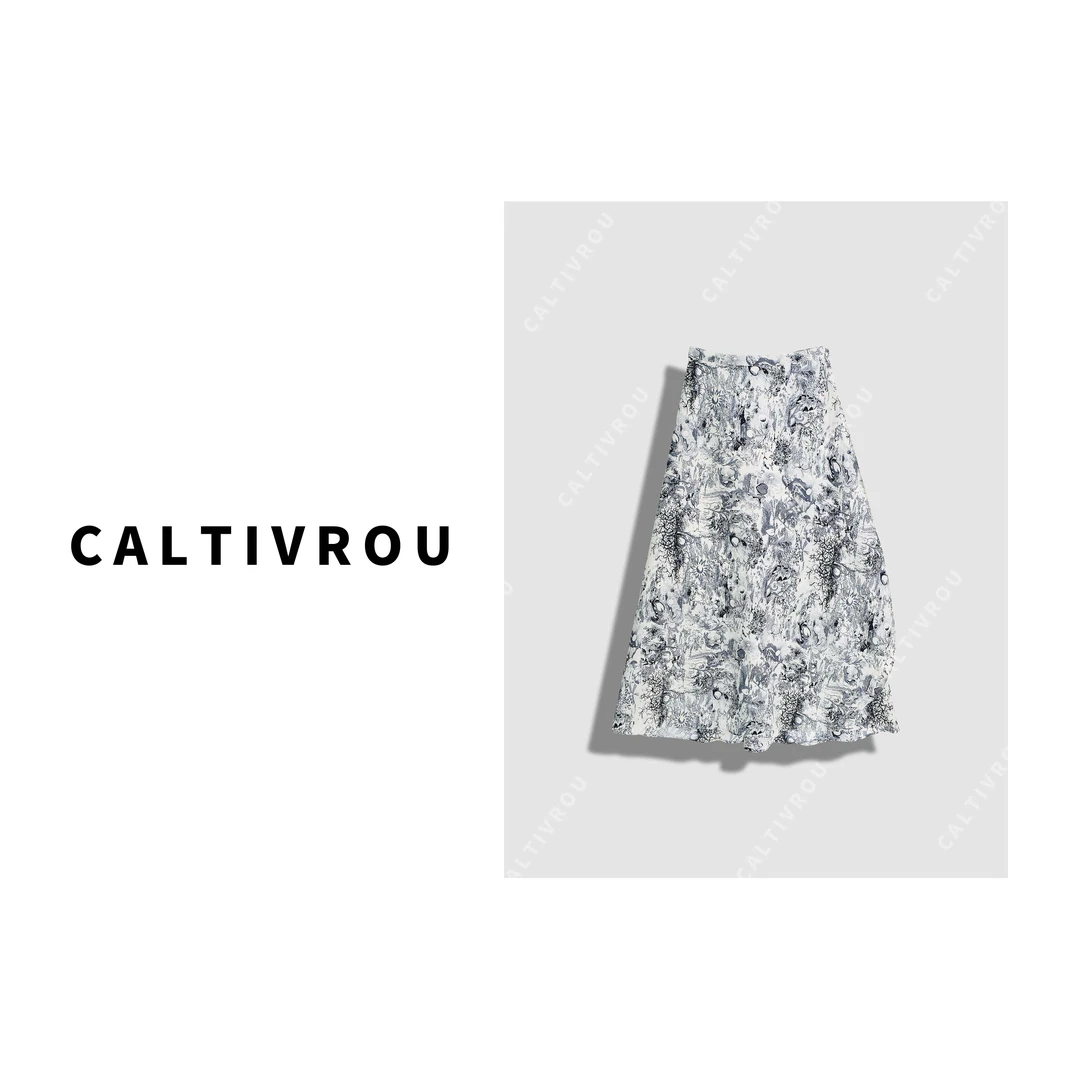 Caltivrou时尚水墨印花设计感一片式度假风半身裙-Q17177