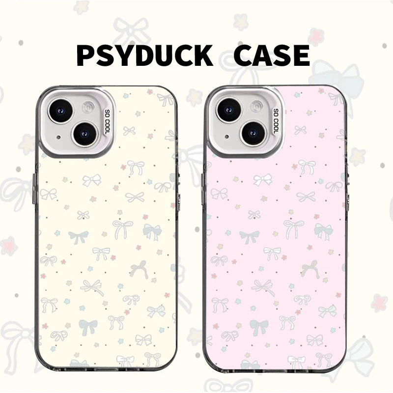 适用苹果华为一加iQOO小米淡黄镂空蝴蝶结彩银白底创意防摔手机壳