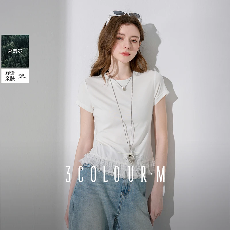 三彩2025夏季新款莱赛尔修身花边T恤圆领正肩短袖上衣套头衫M