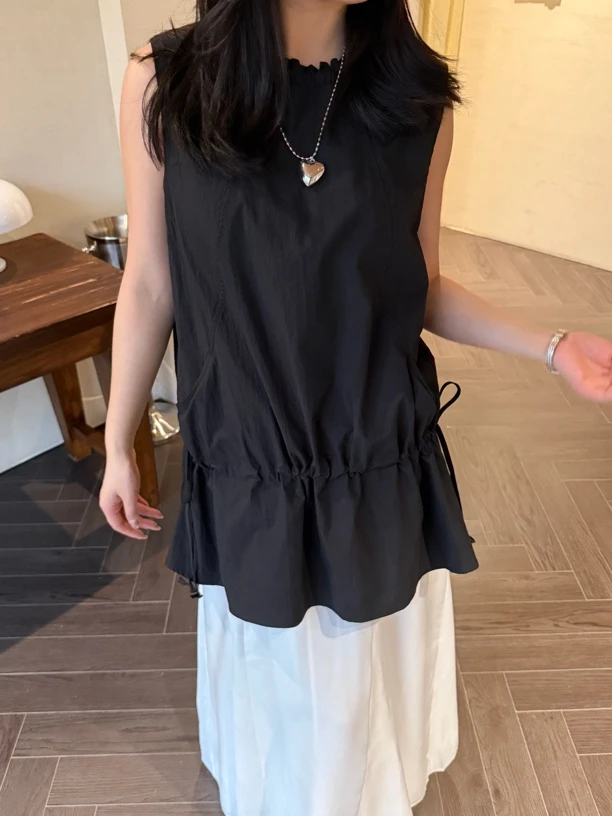 【梨花自制】黑色跨位抽绳上衣