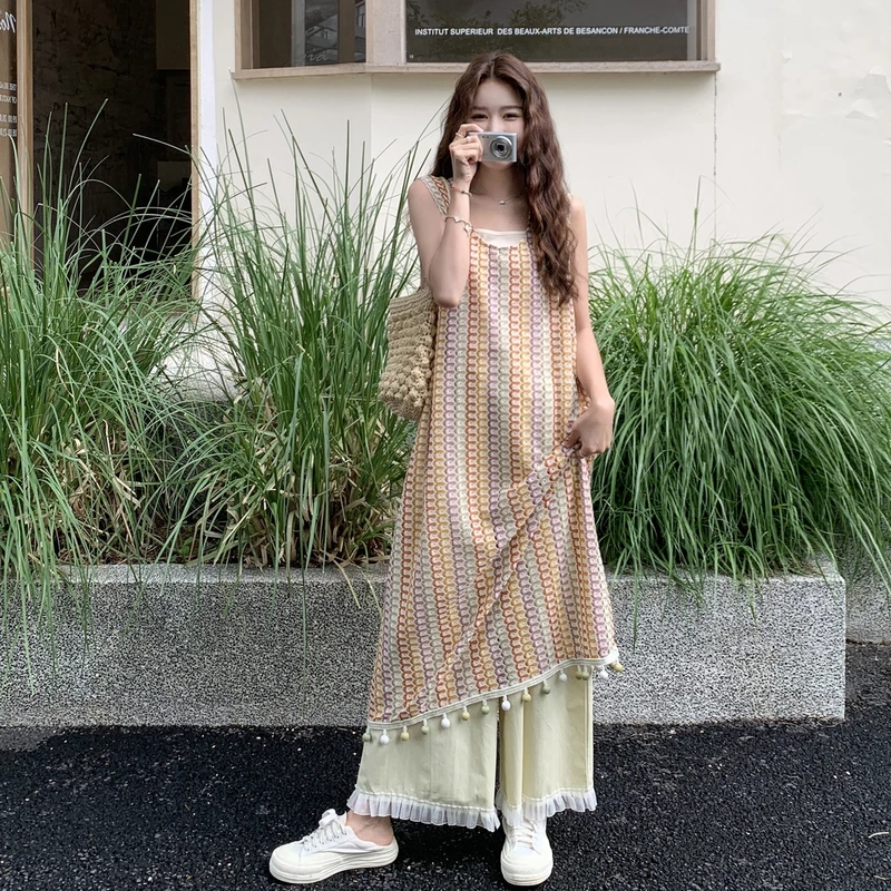 复古流苏吊带罩衫裙阔腿裤套装女夏2025新款慵懒感遮肉显瘦两件套